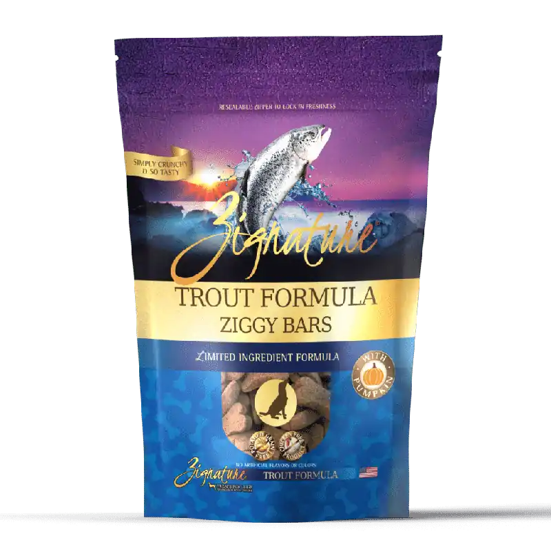 Zignature Ziggy Bars LID Trout & Pumpkin Treats 12oz Direct From Manufacturer